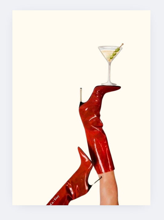 Red boots holding up martini poster